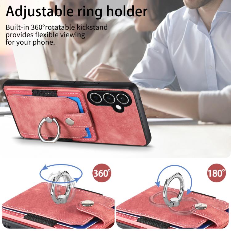 Funda tipo cartera con anillo y tarjetero para Samsung Galaxy S24 FE 5G, estilo retro, con tacto de piel (rosa)