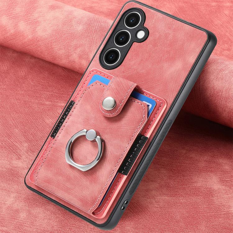 Funda tipo cartera con anillo y tarjetero para Samsung Galaxy S24 FE 5G, estilo retro, con tacto de piel (rosa)
