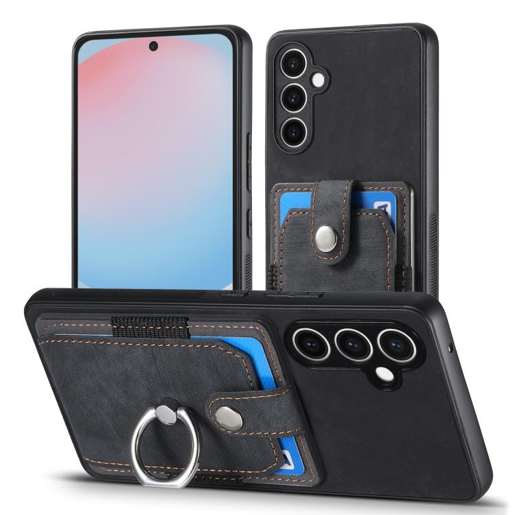 Funda tipo cartera con anillo y tarjetero para Samsung Galaxy S24 FE 5G, estilo retro, color negro