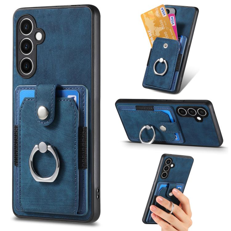 Funda tipo cartera con anillo y tarjetero para Samsung Galaxy S24 FE 5G, estilo retro (azul)