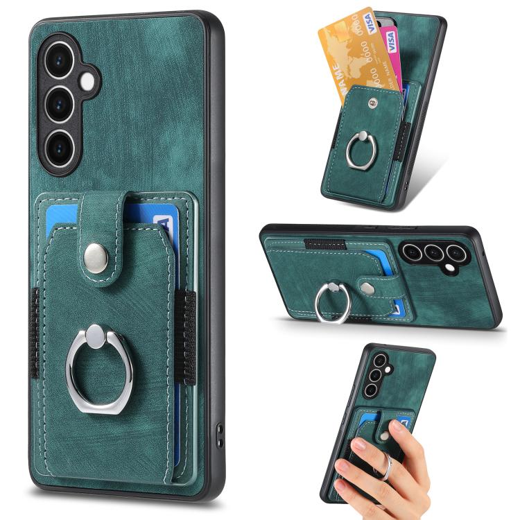 Funda tipo cartera con anillo y tarjetero para Samsung Galaxy S24 FE 5G, estilo retro, con tacto de piel (verde)
