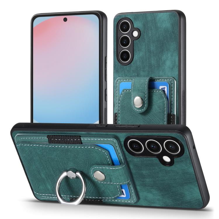 Funda tipo cartera con anillo y tarjetero para Samsung Galaxy S24 FE 5G, estilo retro, con tacto de piel (verde)