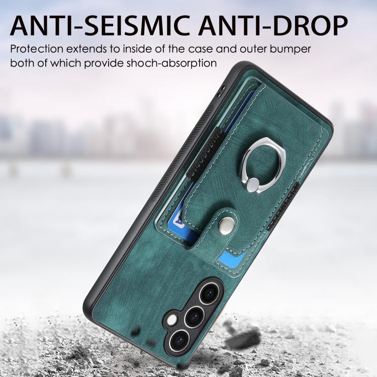 Funda tipo cartera con anillo y tarjetero para Samsung Galaxy S24 FE 5G, estilo retro, con tacto de piel (verde)