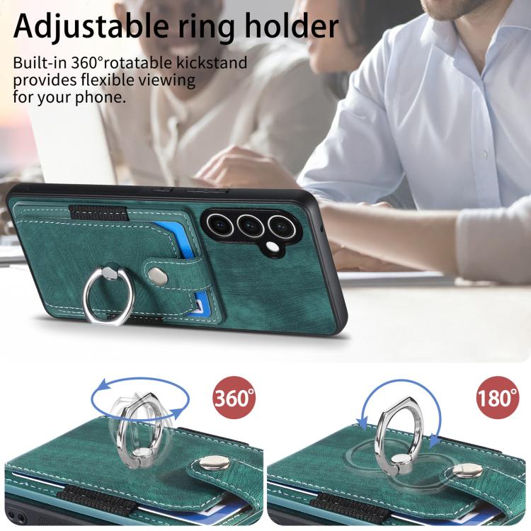 Funda tipo cartera con anillo y tarjetero para Samsung Galaxy S24 FE 5G, estilo retro, con tacto de piel (verde)