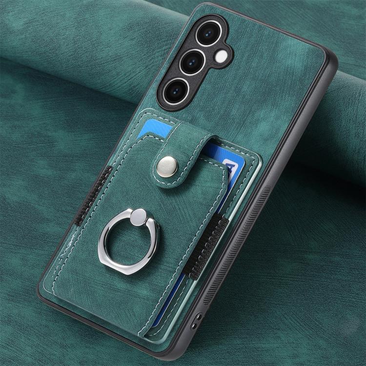 Funda tipo cartera con anillo y tarjetero para Samsung Galaxy S24 FE 5G, estilo retro, con tacto de piel (verde)