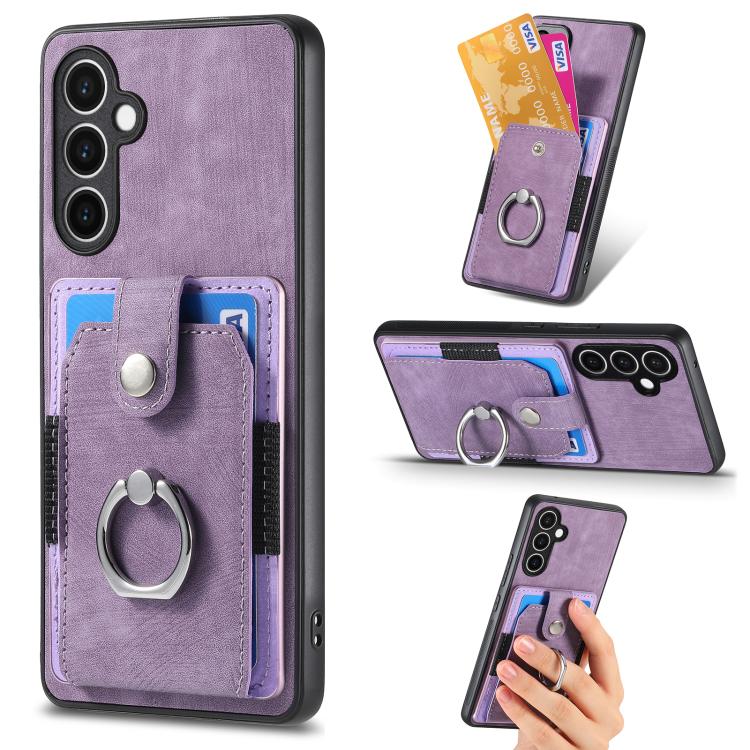 Funda tipo cartera con anillo y tarjetero para Samsung Galaxy S24 FE 5G, estilo retro, con tacto de piel (morado)