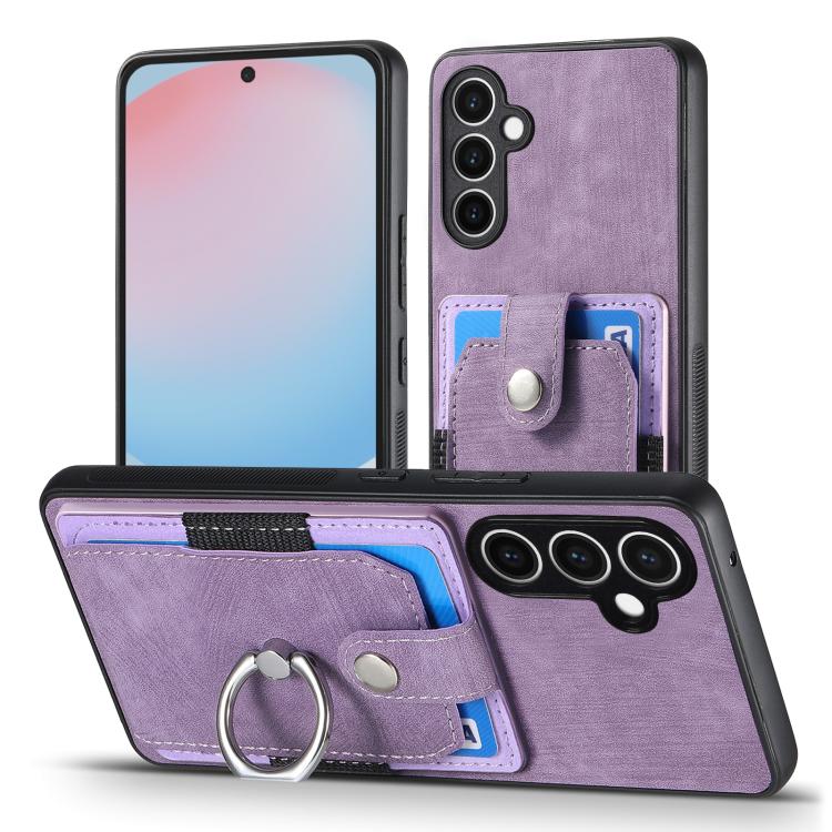 Funda tipo cartera con anillo y tarjetero para Samsung Galaxy S24 FE 5G, estilo retro, con tacto de piel (morado)
