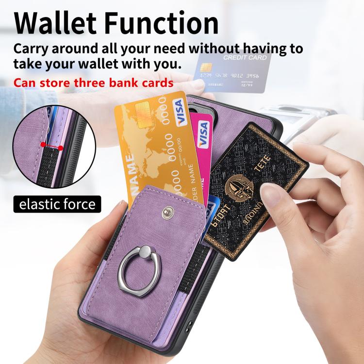 Funda tipo cartera con anillo y tarjetero para Samsung Galaxy S24 FE 5G, estilo retro, con tacto de piel (morado)