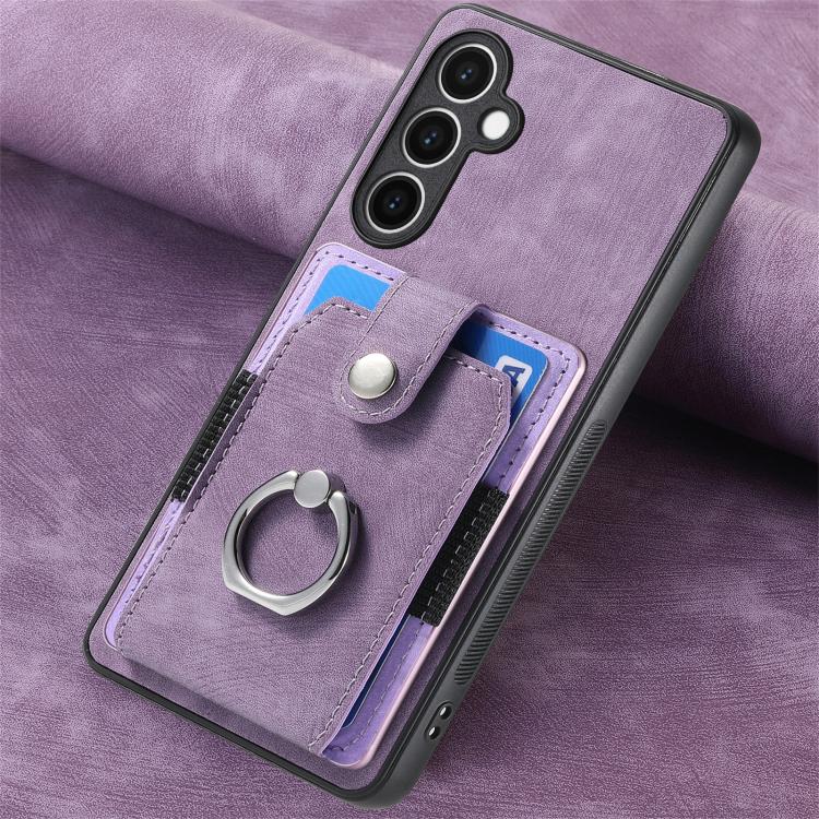 Funda tipo cartera con anillo y tarjetero para Samsung Galaxy S24 FE 5G, estilo retro, con tacto de piel (morado)