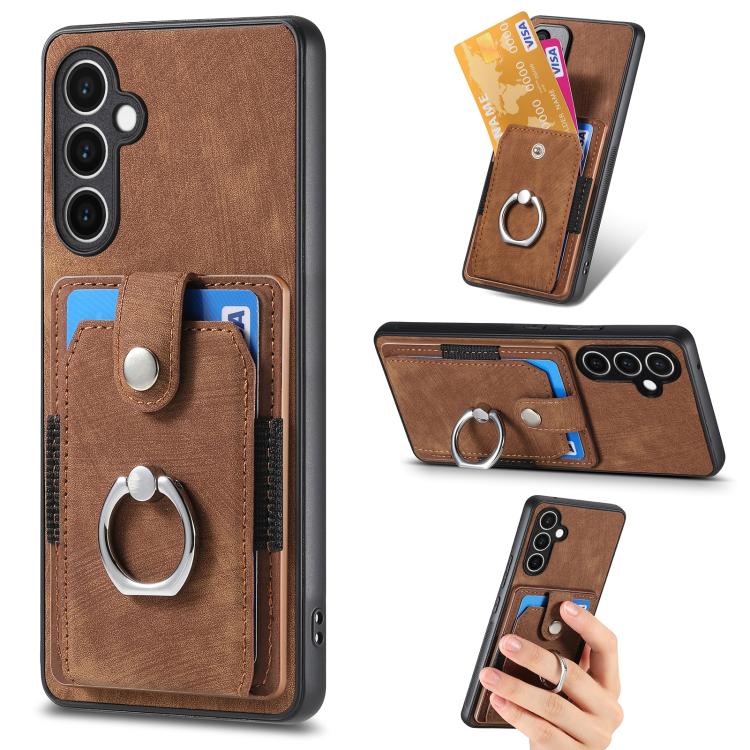 Funda tipo cartera con anillo y tarjetero para Samsung Galaxy S24 FE 5G, estilo retro, color marrón
