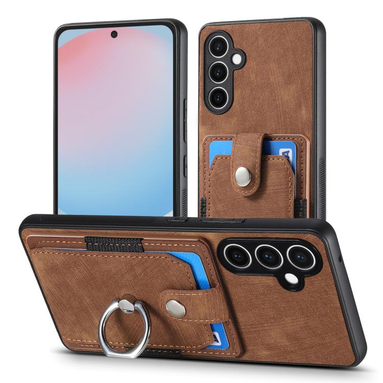 Funda tipo cartera con anillo y tarjetero para Samsung Galaxy S24 FE 5G, estilo retro, color marrón