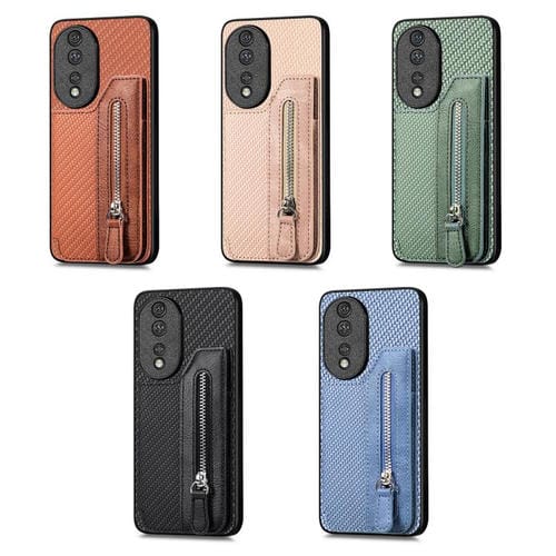 Funda de teléfono con tapa horizontal y cremallera de fibra de carbono para Honor 400 Lite (caqui)