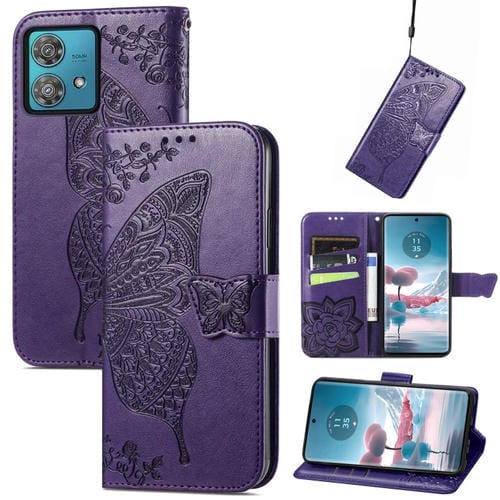 Funda de Cuero para Motorola Edge 40 Neo Butterfly Love Flower en Relieve (Púrpura Oscuro)