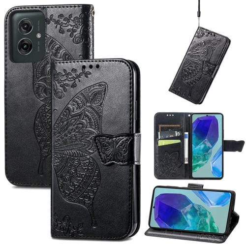 Funda de Cuero con Relieve Mariposa y Flor para Motorola Moto G55 (Negro)