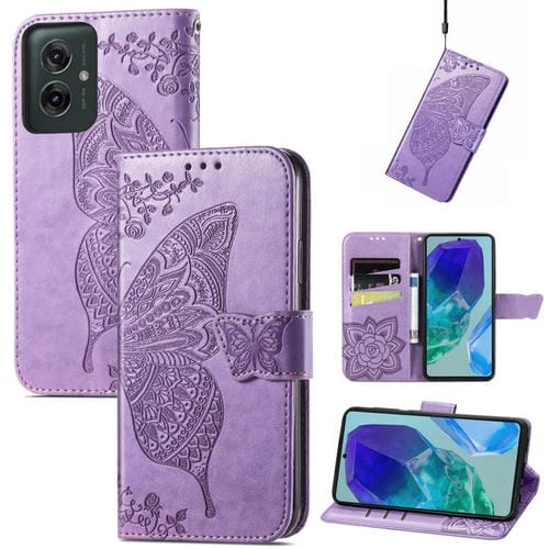 Funda de Cuero con Relieve Mariposa y Flor para Motorola Moto G55 (Morado Claro)