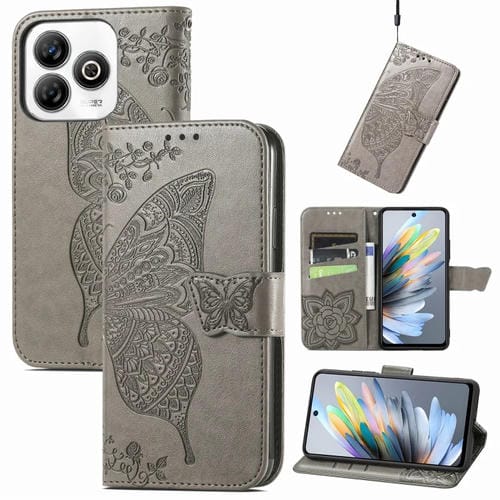 Funda de Cuero con Relieve Mariposa y Flor para ZTE Blade A75 4G (Gris)