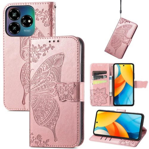 Funda de Cuero con Relieve Mariposa y Flor para ZTE Blade V60 Vita (Oro Rosa)