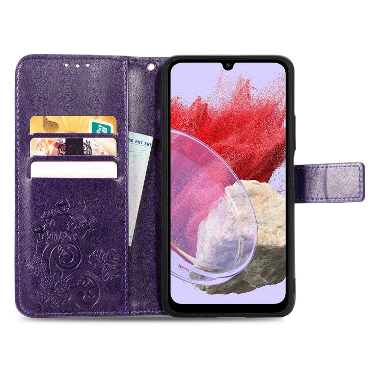Funda para Samsung Galaxy M34 5G Cuero Hebilla En Relieve Cierre Cuatro Hojas (Púrpura)