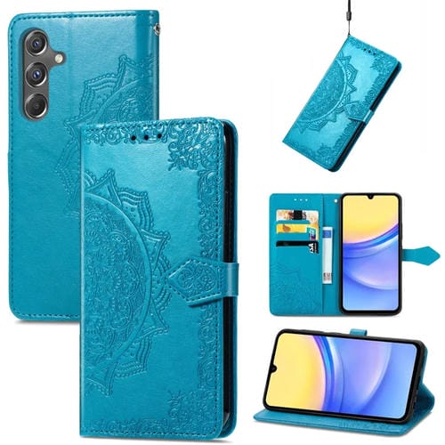 Funda para Teléfono Samsung Galaxy A15 Cuero con Relieve de Flores Mandala (Azul)