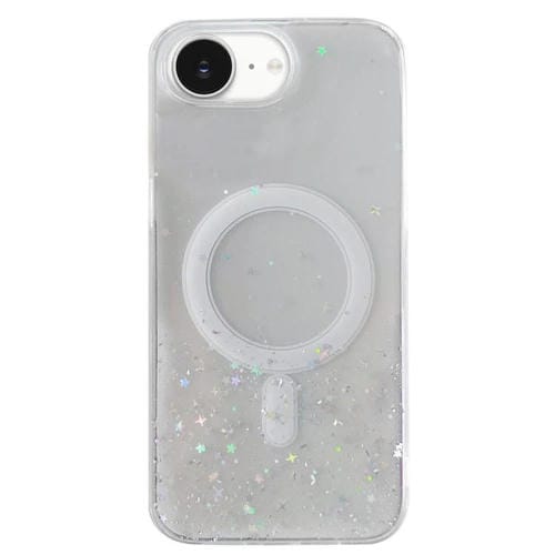 Funda híbrida de TPU transparente con purpurina MagSafe para iPhone 16e (blanca)