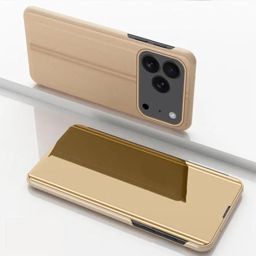 Funda de cuero con tapa horizontal y espejo chapado para iPhone 17 Pro con soporte (dorada)