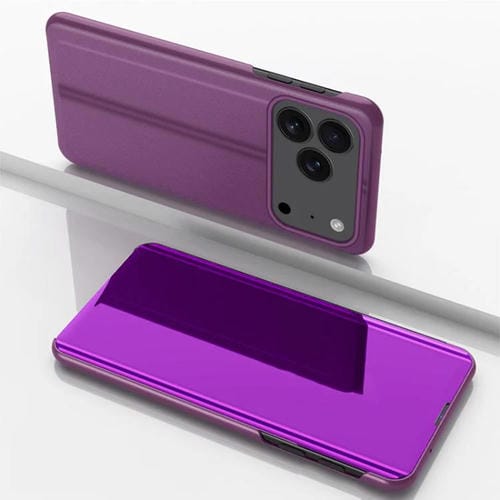 Funda de cuero con tapa horizontal y espejo plateado para iPhone 17 Pro con soporte (morado)