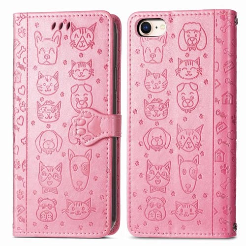Funda de Piel con Relieve de Gato y Perro para iPhone 16E (Rosa)
