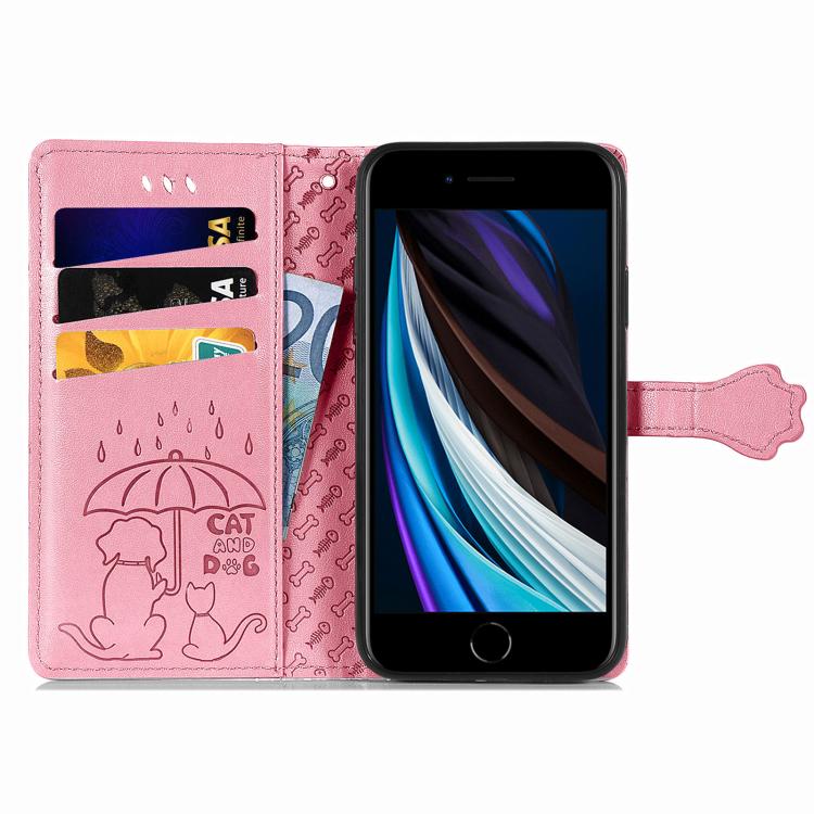 Funda de Piel con Relieve de Gato y Perro para iPhone 16E (Rosa)
