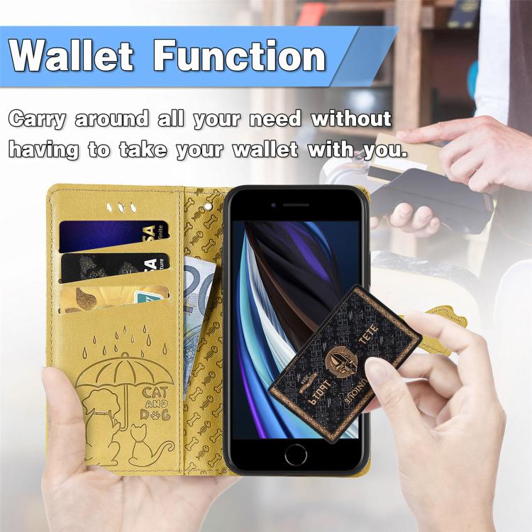 Funda de Piel con Relieve de Gato y Perro para iPhone 16E (Amarilla)