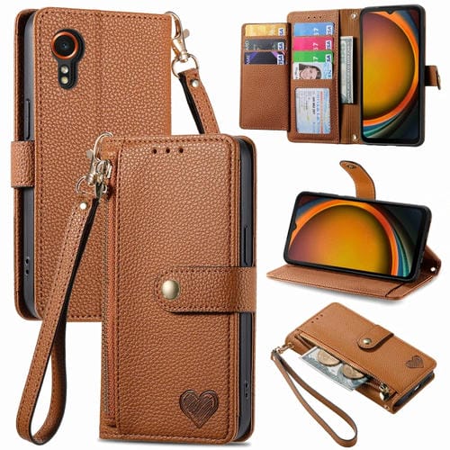 Funda de Cuero para Teléfono Samsung Galaxy Xcover 7 Love Zipper Lanyard (Marrón)