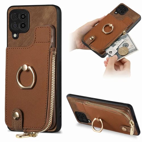 Funda para Teléfono Samsung Galaxy A22 4G con Anillo Cuero Cruzado Cremallera Vertical y Billetera Trasera (Marrón)