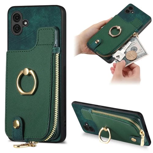 Funda para Teléfono Samsung Galaxy A04 4G con Anillo Cuero Cruzado Cremallera Vertical y Billetera (Verde)