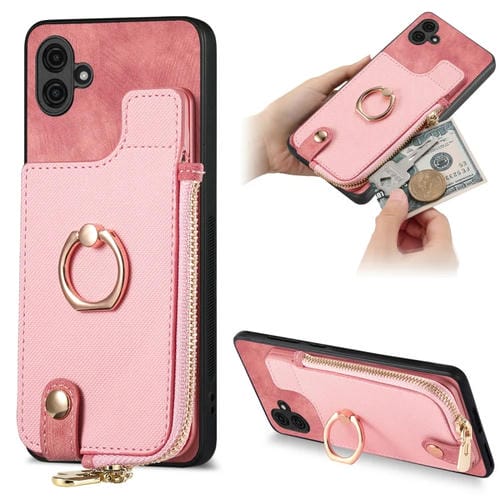 Funda para Teléfono Samsung Galaxy A04 4G con Anillo Cuero Cruzado Cremallera y Billetera (Rosa)
