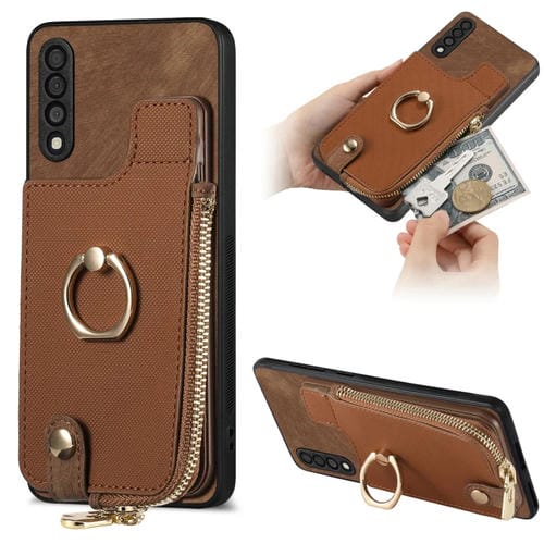 Funda para Teléfono Samsung Galaxy A70 A70S con Anillo Cuero Cruzado Cremallera y Billetera (Marrón)