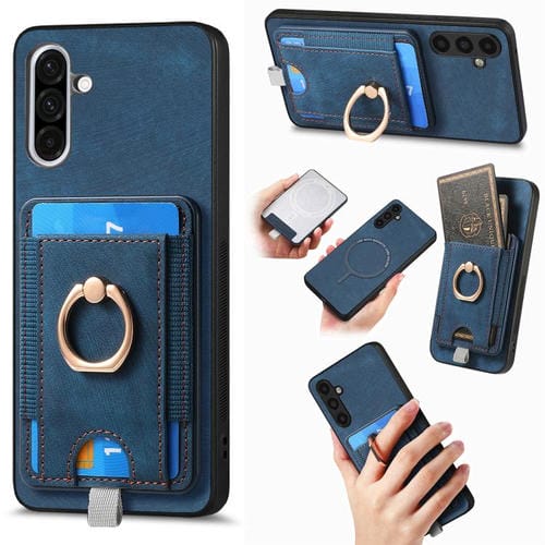 Funda para Teléfono Samsung Galaxy A36 Cuero Diseño Retro Divisible con Tarjetero Magnético (Azul)