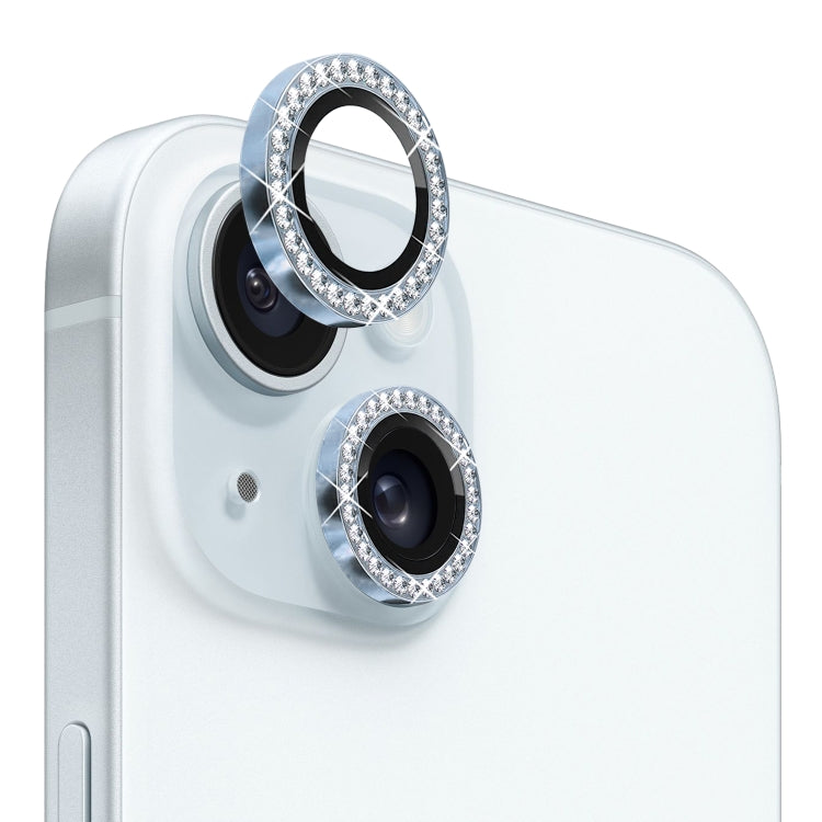 Protector de Lente de Cámara Northjo para iPhone 15/15 Plus Anillo de Diamantes Imitación Metal Vidrio Templado (Azul) - MOVILSTORE