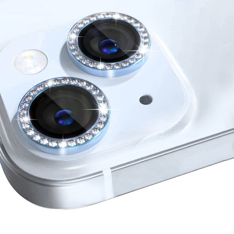 Protector de Lente de Cámara Northjo para iPhone 15/15 Plus Anillo de Diamantes Imitación Metal Vidrio Templado (Azul) - MOVILSTORE