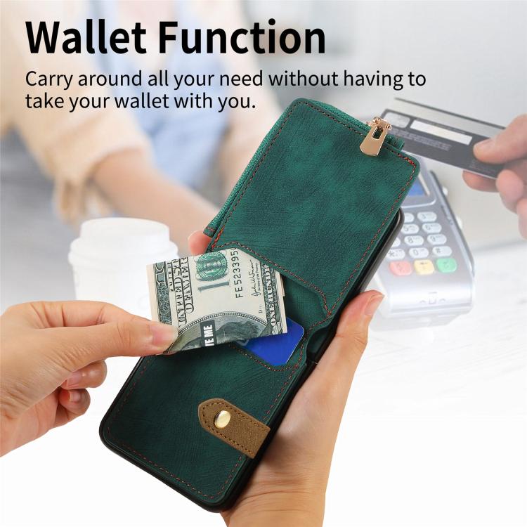 Funda tipo cartera con cremallera vertical y anillo retro para Samsung Galaxy Z Flip 7 5G (verde)