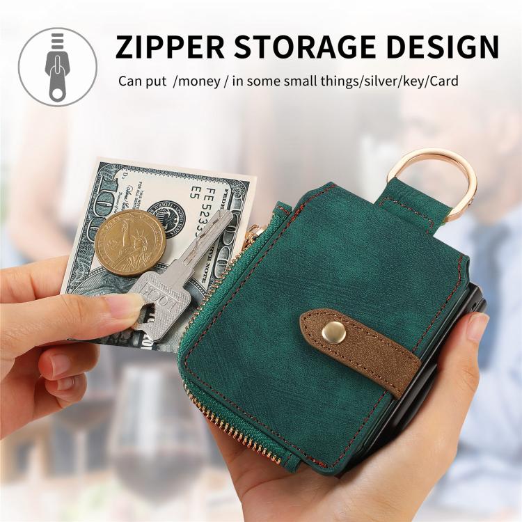 Funda tipo cartera con cremallera vertical y anillo retro para Samsung Galaxy Z Flip 7 5G (verde)
