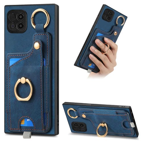 Funda para teléfono Samsung Galaxy A22 4G con bolsa para tarjeta anillo y lazo para colgar (Azul)
