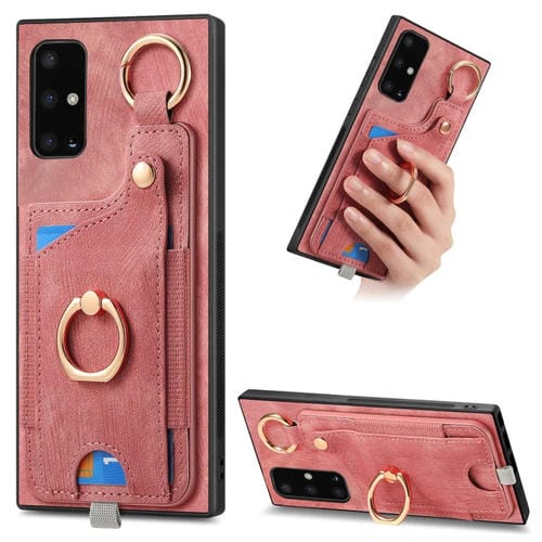 Funda para Teléfono Samsung Galaxy A71 con Bolsa para Tarjeta y Anillo Sensación de Piel Retro con Lazo para Colgar (Rosa)