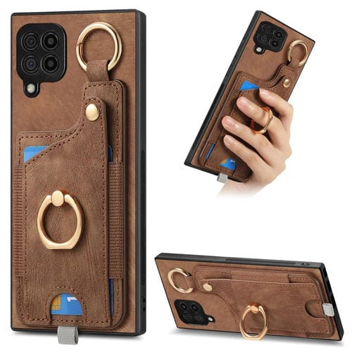 Funda para Teléfono Samsung Galaxy M32 4G con Bolsa para Tarjeta y Anillo (Marrón)