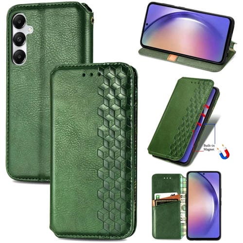 Funda para Teléfono Samsung Galaxy A55 5G Cuero Magnético Prensado Rejilla Cúbica (Verde)