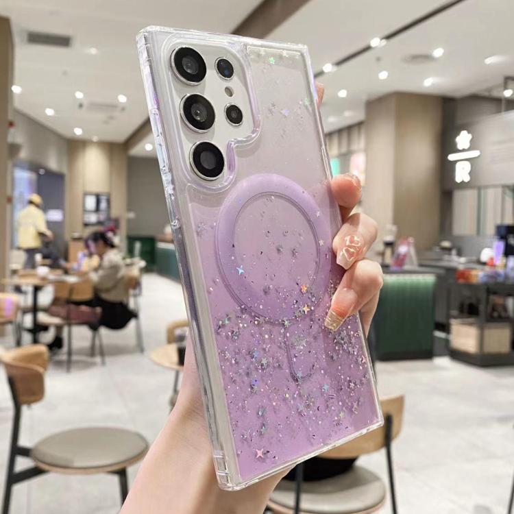 Funda híbrida de TPU transparente con purpurina y MagSafe para Samsung Galaxy S25 Ultra 5G (morada)