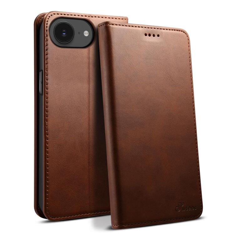 Funda de Piel Suteni con Tapa Horizontal y Textura de Becerro para iPhone 16E (Marrón)