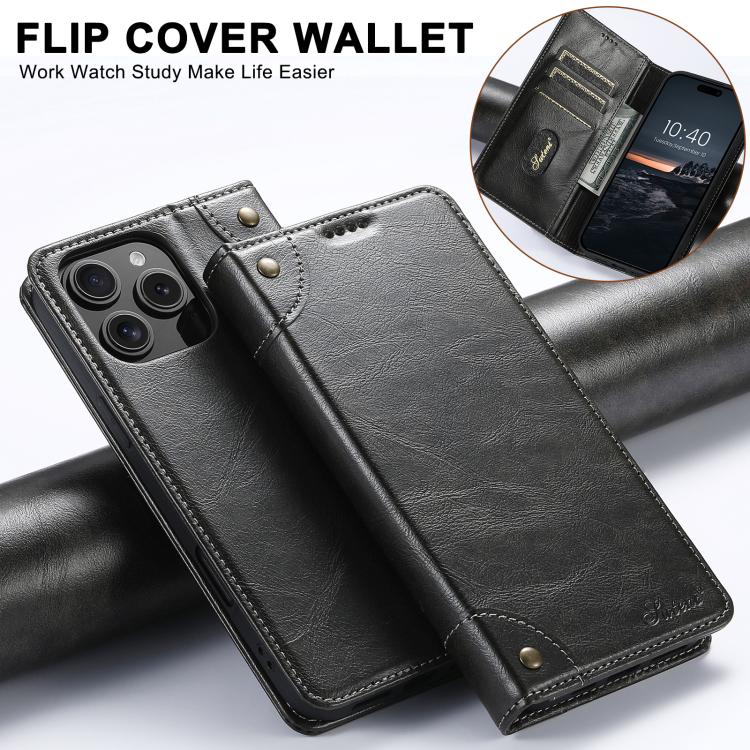 Funda Tipo Billetera Suteni para iPhone 16E Cuero con Hebilla Textura Becerro (Negro)