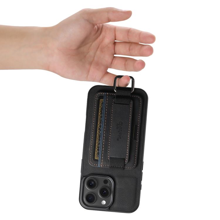 Funda para iPhone 16E Suteni H13 con Correa de Muñeca de Cuero de Lichi (Negra)