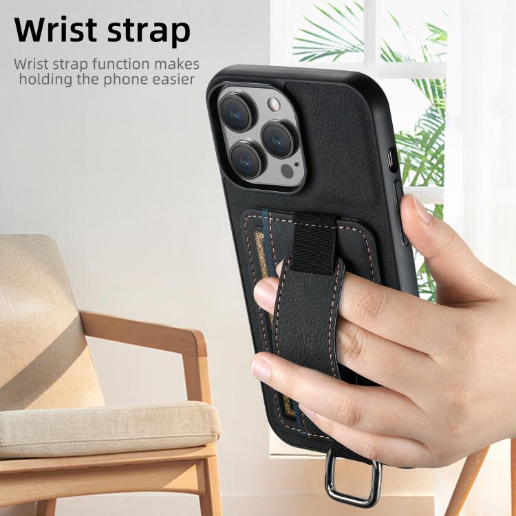 Funda para iPhone 16E Suteni H13 con Correa de Muñeca de Cuero de Lichi (Negra)