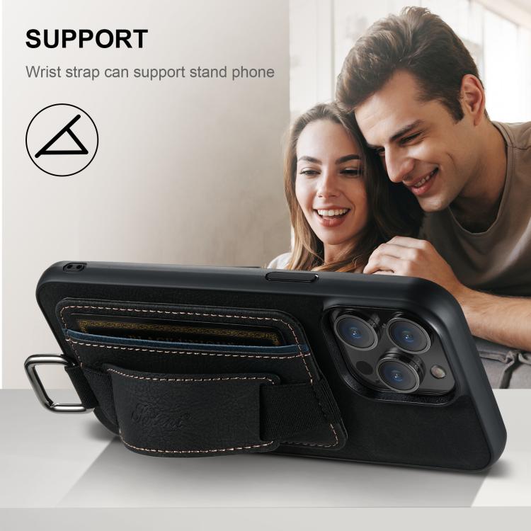 Funda para iPhone 16E Suteni H13 con Correa de Muñeca de Cuero de Lichi (Negra)