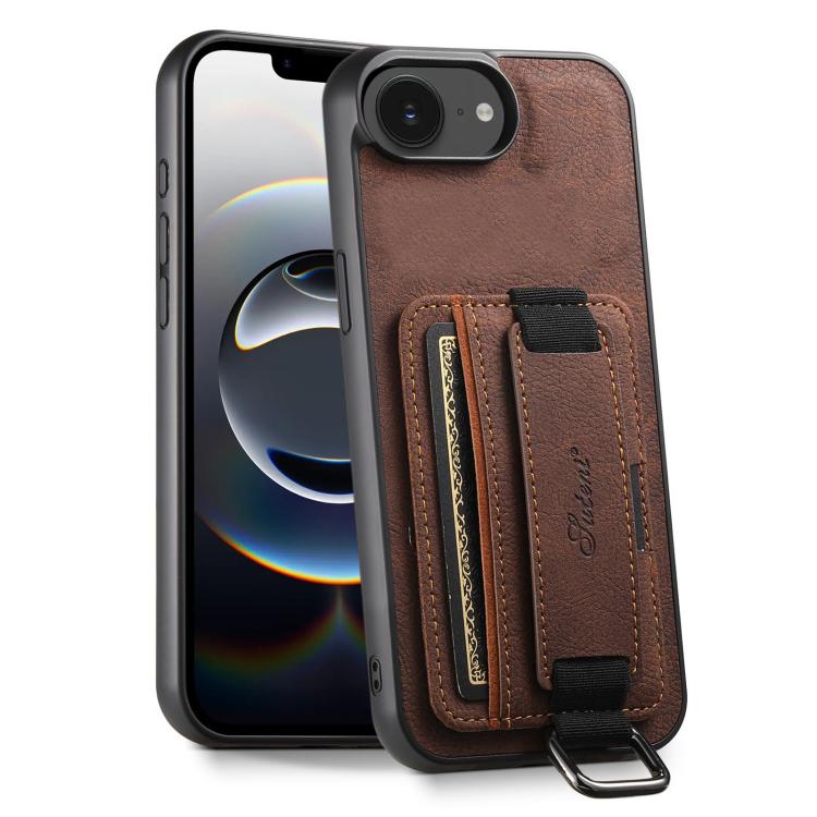 Funda para iPhone 16E Suteni H13 con Correa de Muñeca Cuero de Lichi (Marrón)